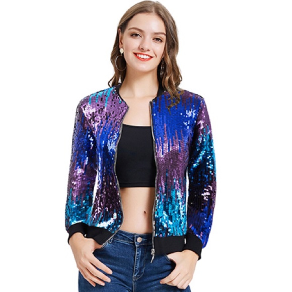 🆕 Kancy Kole Women’s 2XL Sequins Bomber Jacket in Purple Silver and Blue
